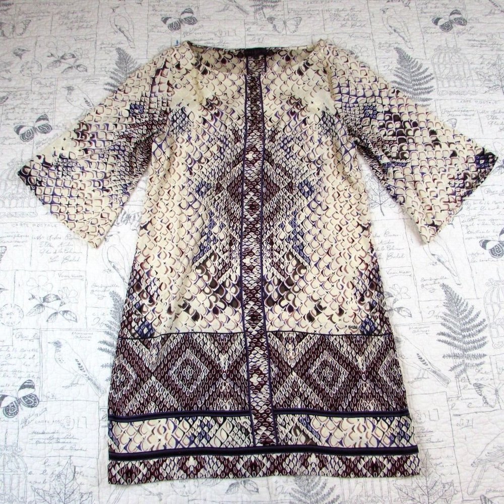 NWOT  $318 Hale Bob Ivory Purple  print silk tunic dress 3/4 slv size Medium M
